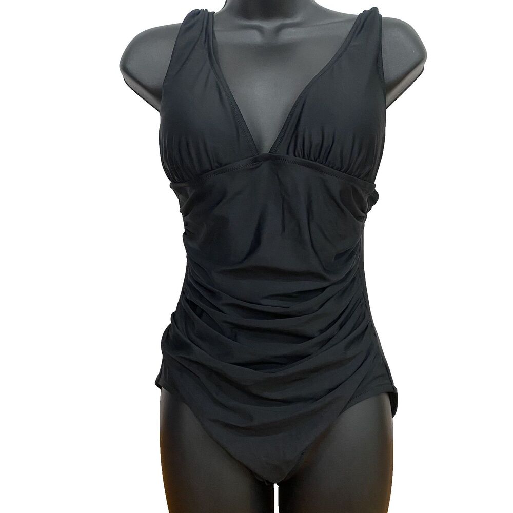 J. CREW Sz 8 Black One Piece Plunge V-Neck Swimsuit Solid Classic Ruched Flatter